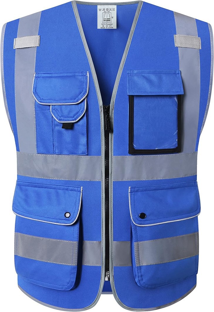Blauw veiligheidsvest met hoge zichtbaarheid